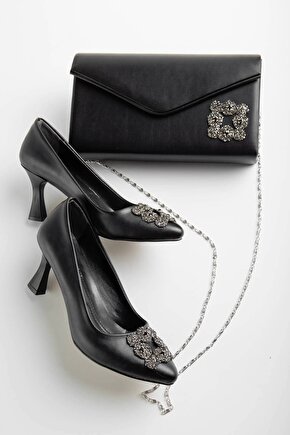 Kadın 7 Cm Topuklu Siyah Cilt Taş Detaylı Çanta Kombinli Stiletto Takımı