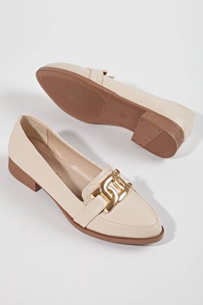 Kadın Metal Detaylı Loafer Babet Bej