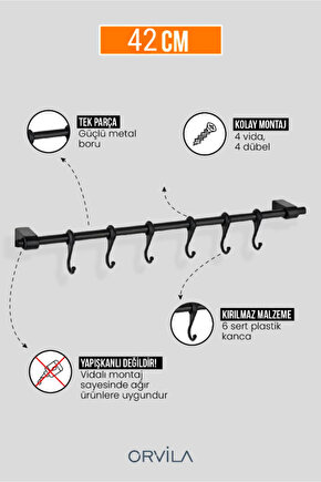 Siyah Metal Mutfak Ve Banyo Askısı 6 Kancalı Askı Demiri 42 Cm Çubuk