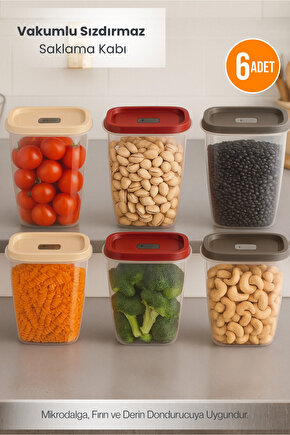 6lı Vakumlu Sızdırmaz Kapaklı Saklama Kabı Erzak Düzenleyici Set 3 Renk 2,5 L