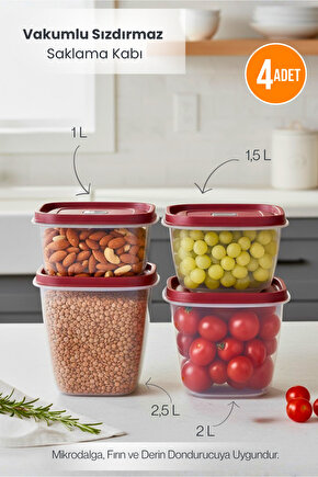 Kırmızı 4lü Vakumlu Sızdırmaz Kapaklı Saklama Kabı Erzak Düzenleyici Set 1L, 1,5L, 2L, 2,5L