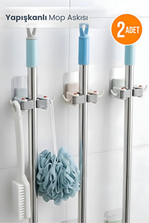 2 Adet Kendinden Yapışkanlı Banyo Mop Askısı Organizeri Fırça Sapı Düzenleyici
