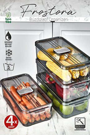 4x Adet Füme 3 Lt  Frostora Kapaklı Buzdolabı Organizeri & Saklama Kabı & Düzenleyici & Erzak Kabı