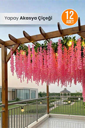 12 Adet Yapay Akasya Çiçeği Sarkıt Süsleme Söz Nişan Konsept Demeti (3 Dallı) - Pembe