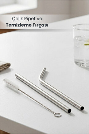 2 Adet Paslanmaz Çelik Pipet ve Temizleme Fırçası