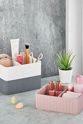 2 Adet - Bölmeli Banyo Mutfak Makyaj Malzemeleri Düzenleyici Kat Kat Organizer Kutu