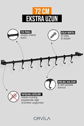 Siyah Metal Mutfak Ve Banyo Askısı Çok Amaçlı 8 Kancalı Askı Demiri Maxi 72 Cm