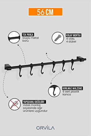 Siyah Metal Mutfak Ve Banyo Askısı 6 Kancalı Askı Demiri 56 Cm Çubuk
