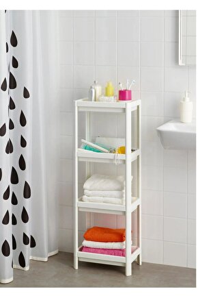4 Katlı Plastik Raf Ünitesi 37x23x101 Cm İkea Banyo Rafı Beyaz Düzenleme Rafı