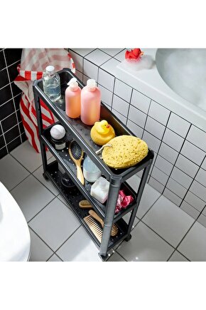 QUİCK 3 Katlı Servis Sehpası 54x18x71 Cm Tekerlekli Plastik Banyo Rafı Düzenleyici Siyah Raf 009466