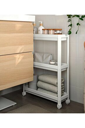 3 Katlı Tekerlekli Banyo Rafı 54x18x71 Cm Plastik Mutfak Rafı Beyaz Raf Düzenleyici