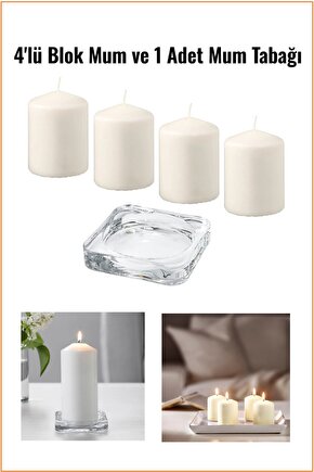 4lü Kokusuz Naturel Blok Mum ve 1 Adet Mum Tabağı