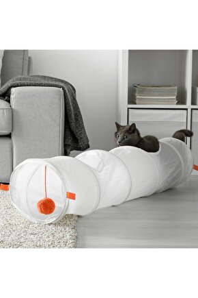UTSADD 128x25 cm Kedi Evcil Hayvan Oyun Tüneli Beyaz Turuncu