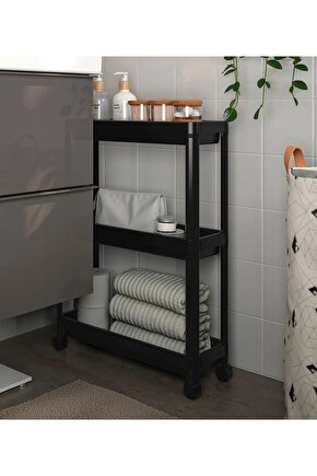QUİCK 3 Katlı Tekerlekli Banyo Rafı 54x18x71 Cm Plastik Mutfak Rafı Siyah Raf Düzenleyici