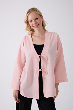 Önü Baglamalı Pembe Kimono Tunik