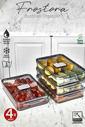 4x Adet Füme 3 Lt Frostora Kapaklı Buzdolabı Organizeri & Saklama Kabı & Düzenleyici & Erzak Kabı