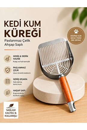 Paslanmaz Çelik Kedi Kum Küreği Ahşap Saplı Profesyonel Kum Eleme Dayanıklı Metal Kedi Tuvalet