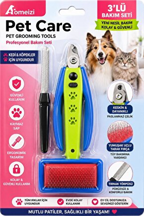 3’lü Kedi Köpek Bakım Seti Tırnak Makası + Törpü + Tarak Fırça Profesyonel Set Kaymaz Sap