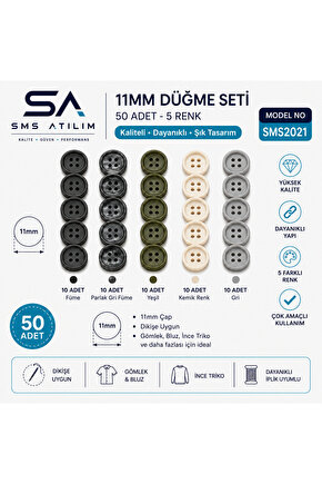 11mm Karışık Renk 4 Delikli Düğme Seti 50 Adet | Dayanıklı Şık Dikiş Düğmesi