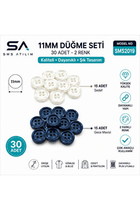 11mm Gece Mavisi 4 Delikli Düğme Seti 30 Adet 2 Renk | Dayanıklı Şık Dikiş Düğmesi