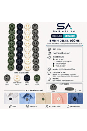 13mm 4 Delikli Renkli Düğme Seti 40 Adet | Dayanıklı Şık Dikiş Düğmesi