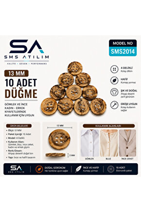 13mm Ahşap Desenli Gömlek Düğmesi 10 Adet | Dayanıklı Şık Dikiş Düğmesi