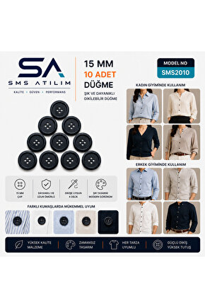 15mm Siyah Düğme 10 Adet | Dayanıklı Şık Dikiş Düğmesi