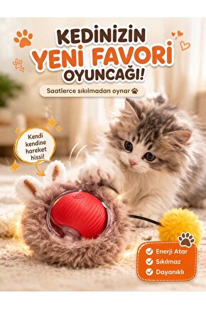 Akıllı Hareketli Kedi Oyuncağı Tüylü Ponponlu Top Eğlenceli Peluş Kulaklı Enerji Atar Stres Azaltır