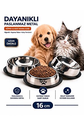 16 cm Paslanmaz Metal Mama Kabı Köpek Kedi İçin Kaymaz Taban Dayanıklı Uzun Ömürlü