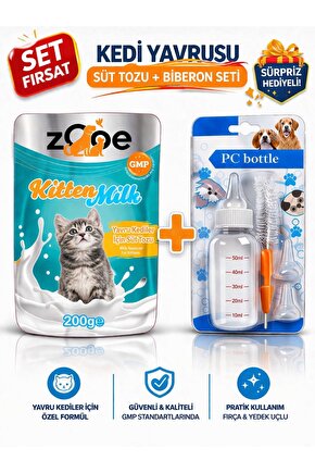 Yavru Kedi Süt Tozu 200g + 50 ml Biberon Seti | Kitten Milk + Besleme Biberonu Seti