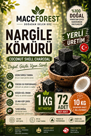 10 Kg Nargile Kömürü 72 Adet Hindistan Cevizi Kabuğu Kömürü 25 mm Küp Doğal Coconut Shell Charcoal Uzun Süre Yanan Düşük