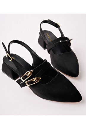 VERNIS Kadın Siyah Süet Çift Bant Tokalı Sivri Burun Slingback Kalın Topuklu Ayakkabı