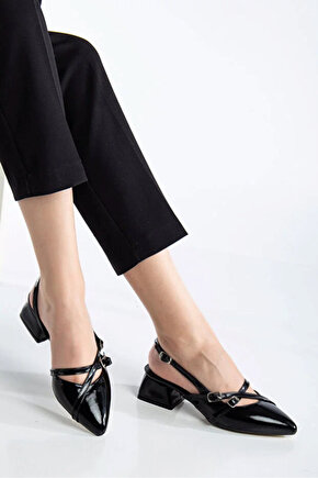 KAYRA Kadın Siyah Rugan Çapraz Bantlı Tokalı Slingback 4 Cm Kalın Topuklu Sivri Burun Ayakkabı