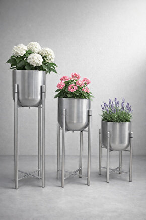 ATLAS 3 LÜ 75-60-45 CM AYAKLI GÜMÜŞ SAKSILIK SET ÇAP 25 CM