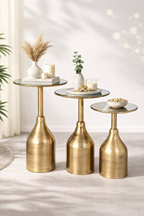 Roos 3 lü Gold eskitme aynalı zigon sehpa