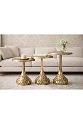 VERA 3’lü Dövme Gold Eskitme Modern Yan Sehpa Seti