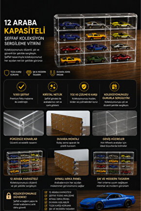 12 Model Araç Kapasiteli Şeffaf Fleks Koleksiyon Standı – Aynalı Arka Panel