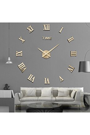 Dekoratif 3d Duvar Saati Gold Pleksi Ayna Roma Rakam Boyları 7 cm,Arkaları MDF Destekli