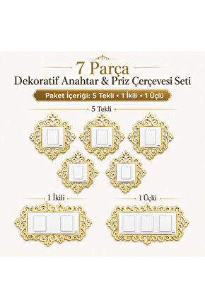 Gold Dekoratif Anahtar Priz Çerçevesi 7’li Set | 5 Tekli 1 İkili 1 Üçlü