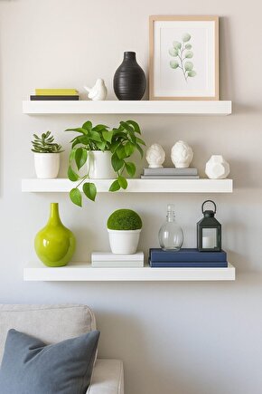 Beyaz Dekoratif Uçan Duvar Rafı Gizli Bağlantılı 3lü Set 50x14