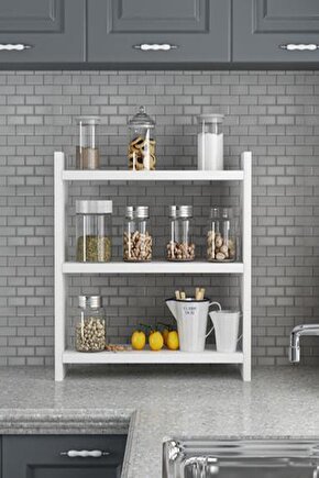 Beyaz Renk 3 Katlı Modern Ahşap Tezgah Üstü Mutfak Baharatlık Rafı