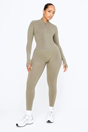 Seamless Zip Up Spor Ceket - Taupe