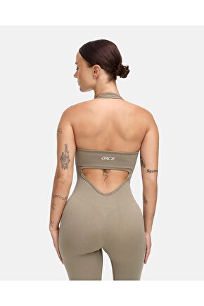 Halter Yaka Uzun Seamless Fitness Tulum - Toprak Beji