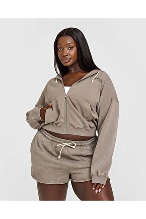 Vintage Wash Zip Hoodie - Taupe