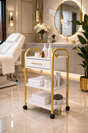 Gold Collection Tekerlekli Etejer Stand – Çekmeceli Çok Amaçlı Kuaför & Güzellik Salonu Servis Arabası