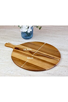 Doğal Akasya Ağacı Yuvarlak Pizza ve Sunum Tahtası, Saplı Büyük Boy Ahşap Şarküteri Tepsisi (42 x 54,5 x 1,5 cm)
