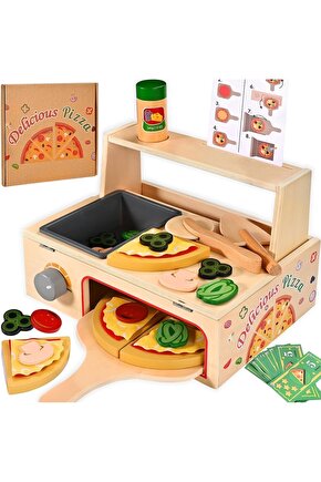 Ahşap Çocuk Mutfak Seti Oyuncak Pizza Fırını - 50 Parça Eğitici Montessori Evcilik Oyunu