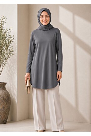 Kadın Uzun Kollu Basic Tunik – Bisiklet Yaka Rahat Kalıp Günlük Tesettür Tunik