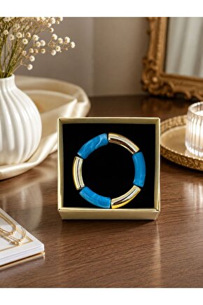 Saks Mavisi Gold Detaylı Esnek Kadın Bileklik