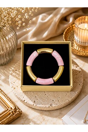 Pudra Pembe Gold Detaylı Esnek Kadın Bileklik